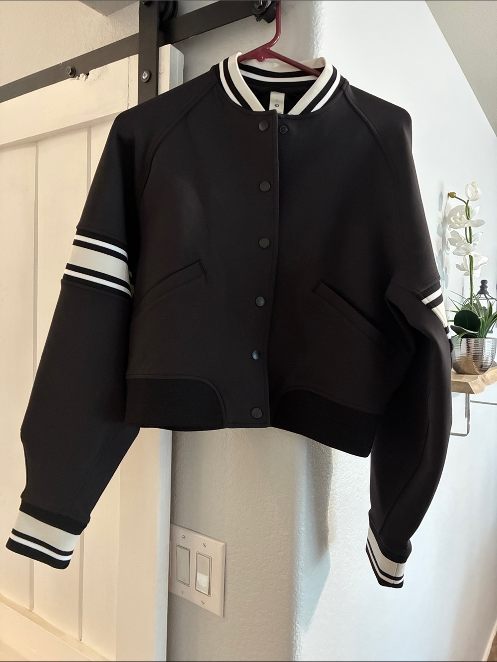 NWOT Lululemon!!!athletica Black Varsity Bomber Jacket with White Stripe Accents